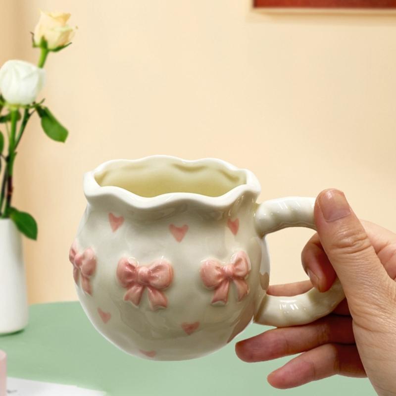 Delicate Ceramic Coffee Mug With Bows Portable Elegant Office Drinkware Dishwasher Safe Tableware Kitchen Tool
