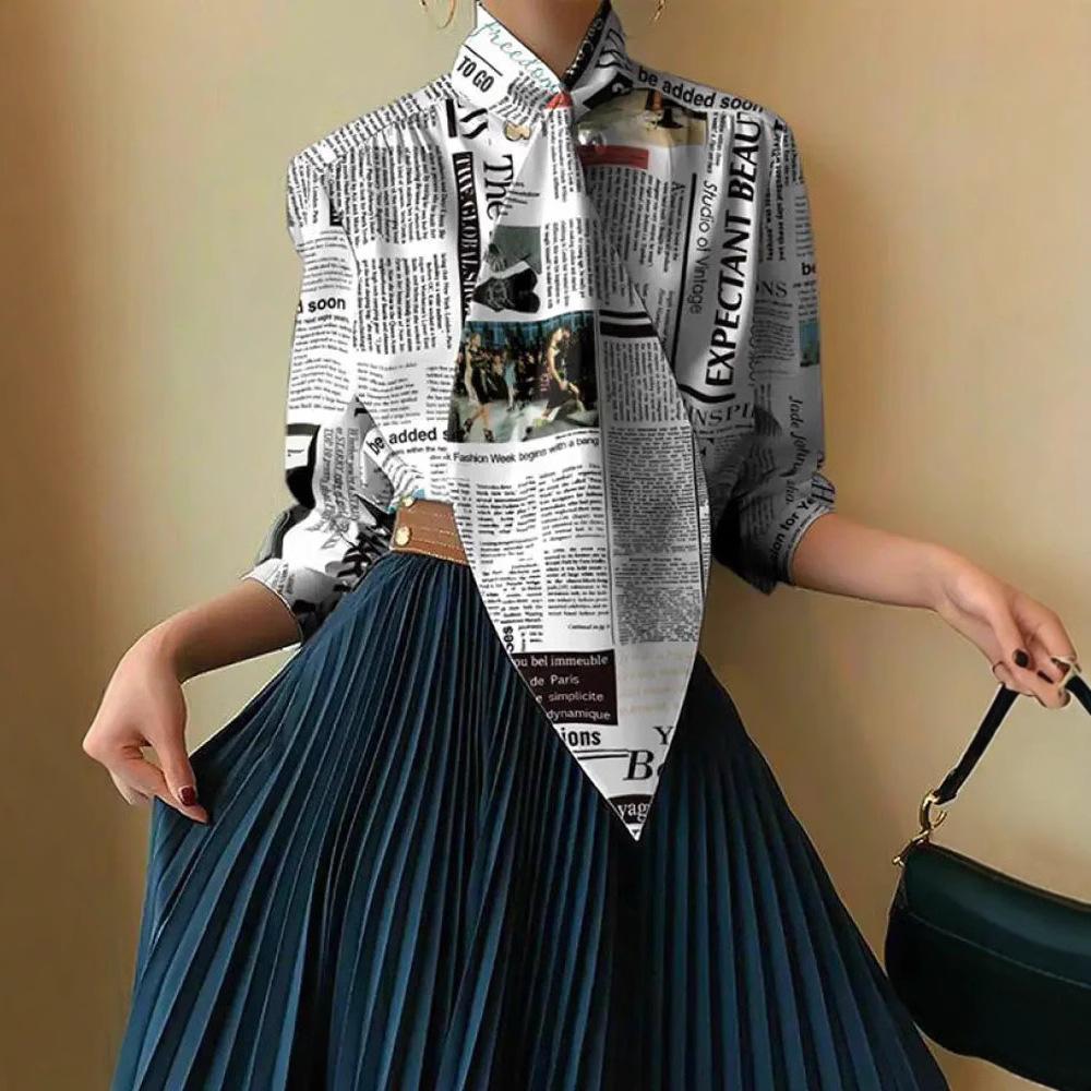Newspaper Print Long Sleeve Shirt with Ruffle Cuff Detail
