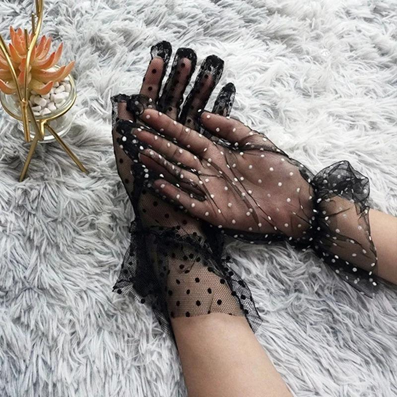 1/2Pair Sexy Transparentes Dot Print Black White Mesh Tulle GloveSpring Summer Thin Short Glove Club Prom Party  Dress Glove