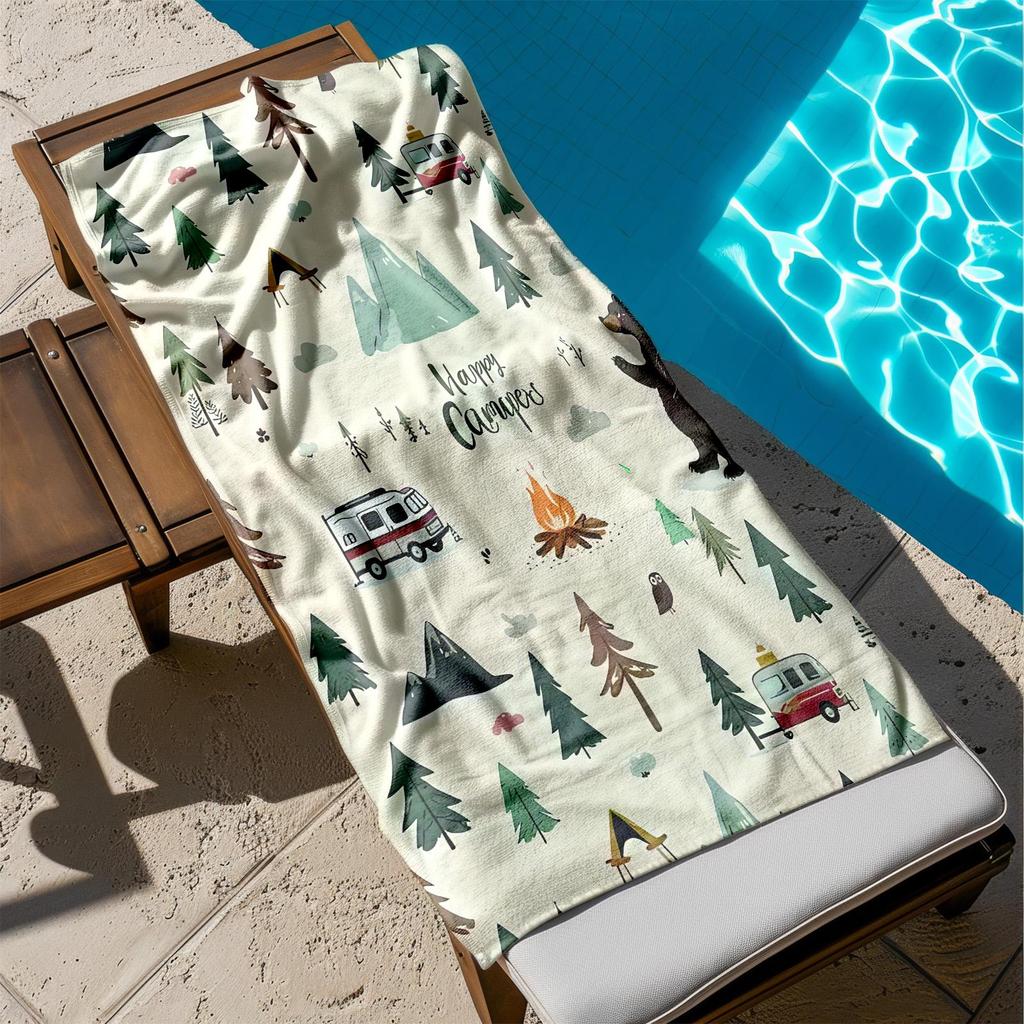 1pc Camping Adventure Vibes - Nature and Wildlife Journey 2D Printed Microfiber Beach Towel, quick dry super absorbent. Great