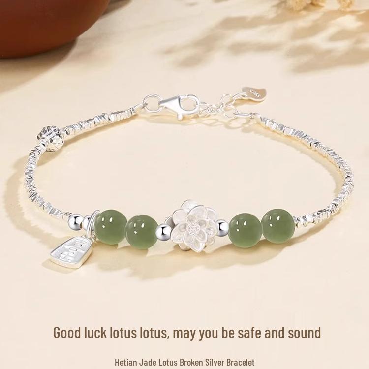 S925 Ayar Gümüş Lotus & Hetian Yeşim Bileklik - İyi Şans & Lüks Niş Tasarım 2026