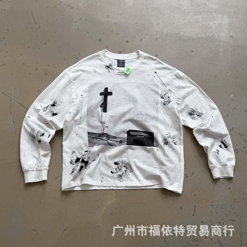Mens Streetwear Long Sleeve T-Shirt Vintage Graffiti Print Loose Fit Teens