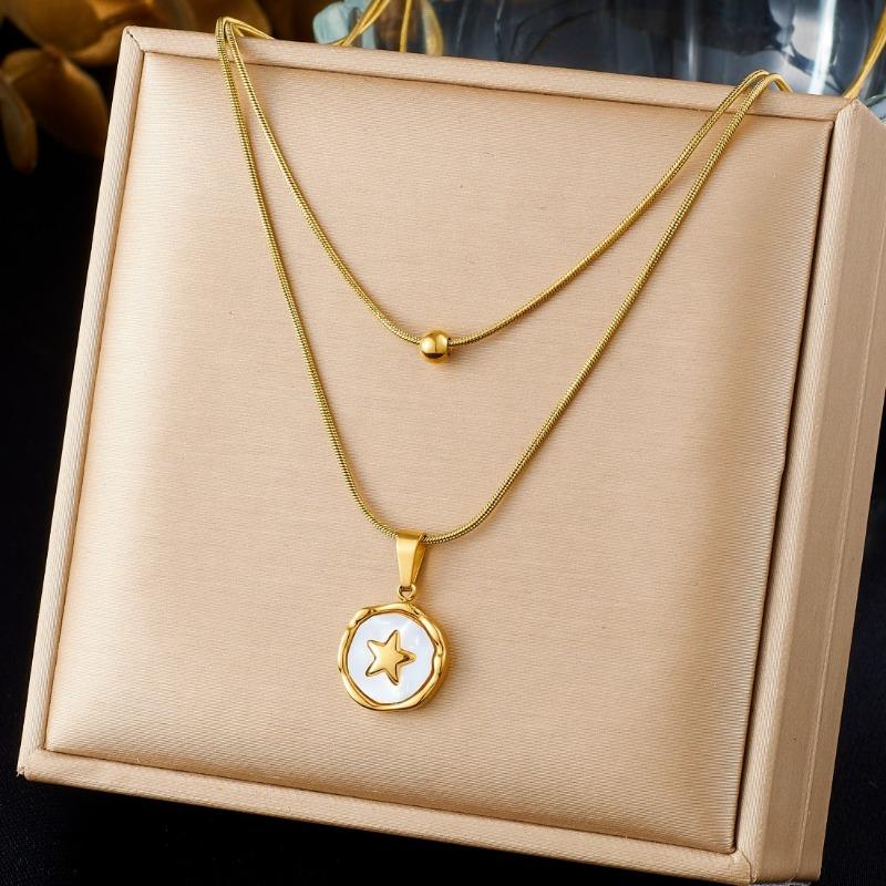 Layered Butterfly Pendant Necklace For Women Gold Plated Stainless Steel Shell Square Jewelry
