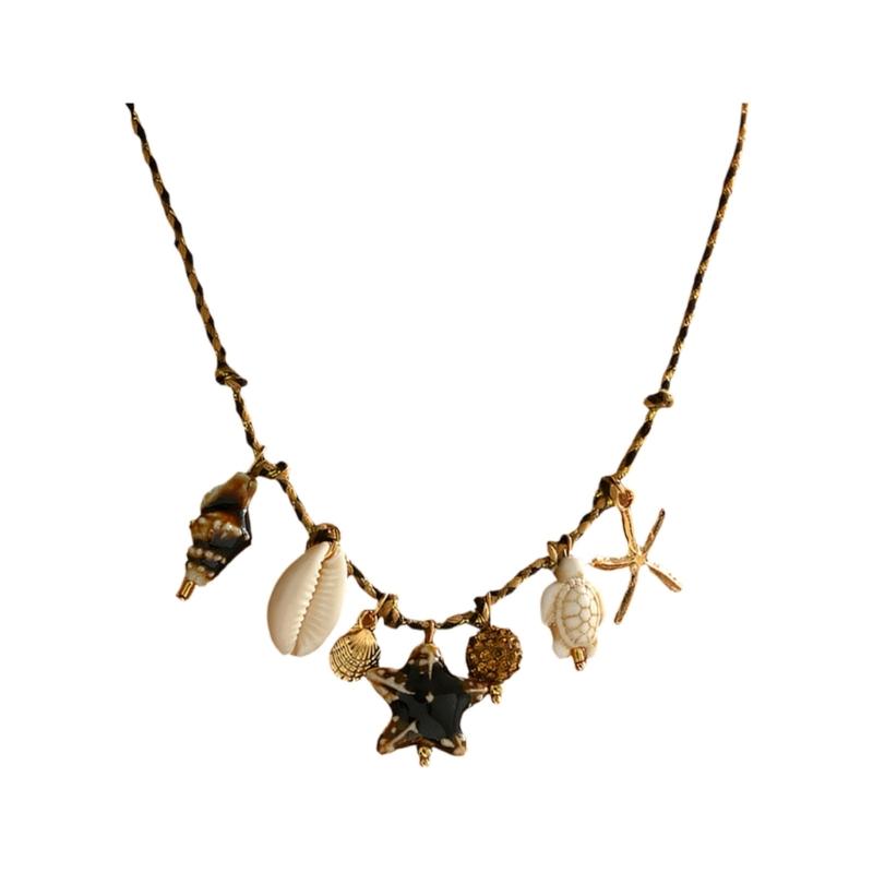 Braided Cord Shell Necklace Coastal Neckchain With Ceramic Ocean Details for Beach Vacation, Resort Wear and Casual Use