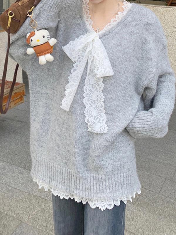 Women's Lace Splicing Long-Sleeve Loose Sweater - Cozy, Thick Knit Pullover for Autumn/Winter