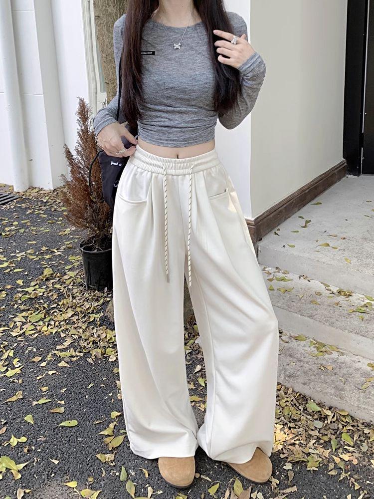 

Gray Women s Wide-Leg High-Waist Sweatpants - Slimming, Versatile, Loose-Fit for Spring/Autumn 2025 L белый