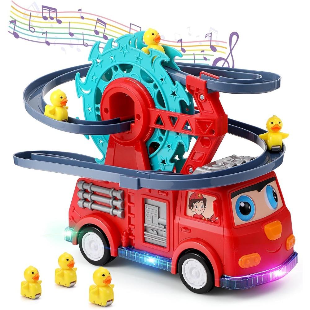 Fire Engine Slide Toy for Kids Interactive Toddler Playset with Music Light Racing Track Ferris Wheel Birthday Gift for Boy Girl
