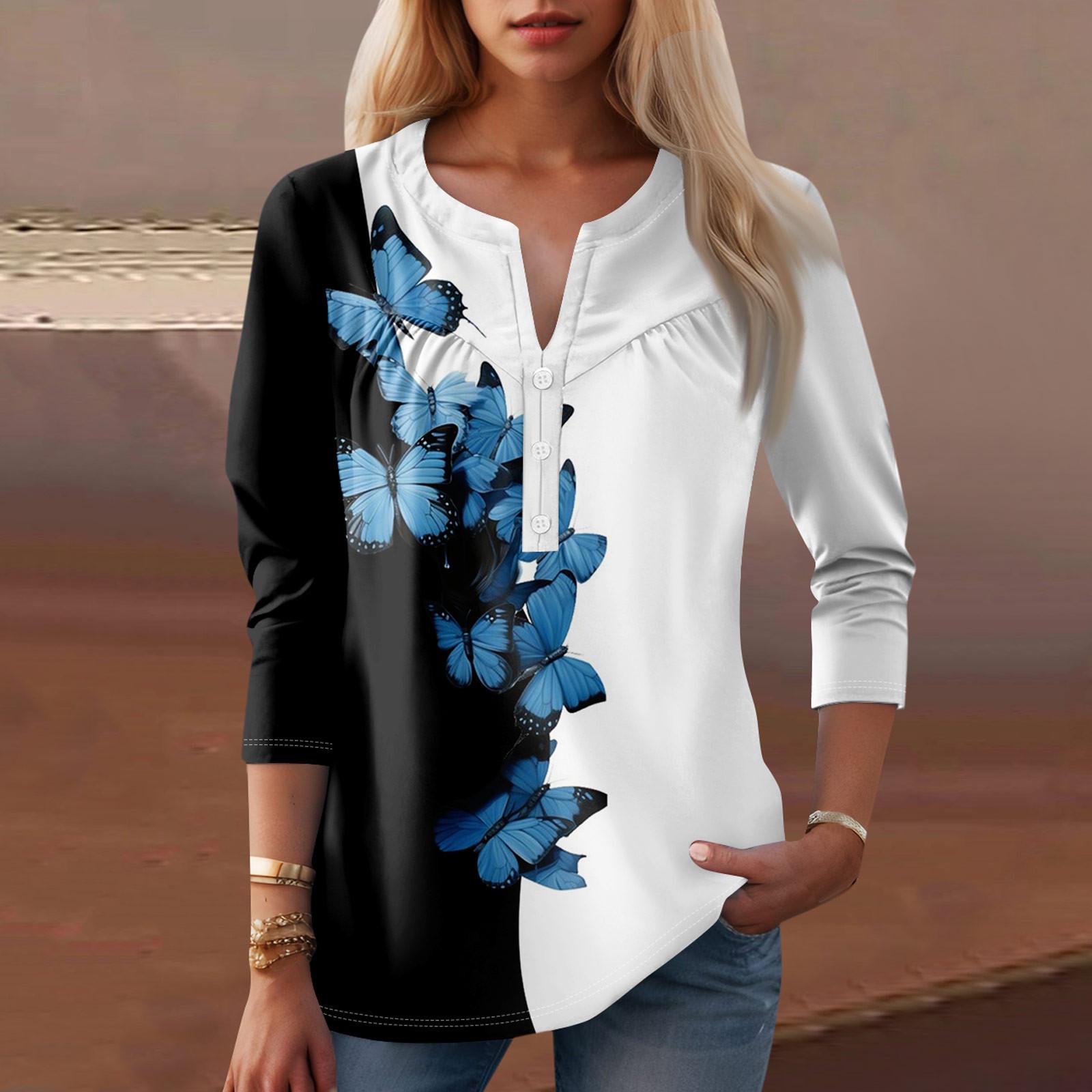 

Жіночий модний повсякденний топ з V-подібним вирізом і квітковим принтом з рукавом три чверті L білий