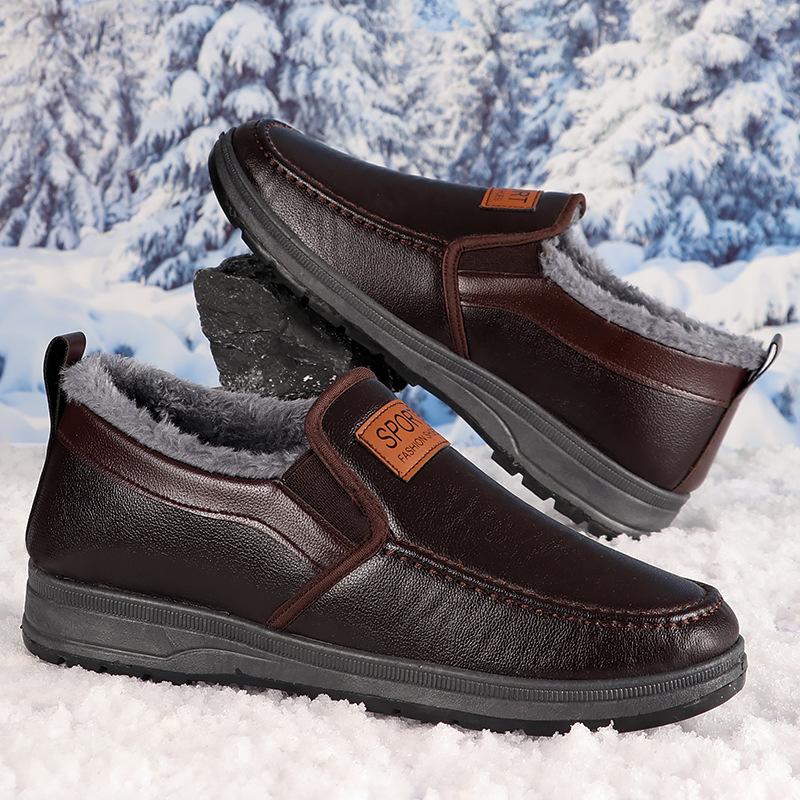 Ανδρικά Χειμερινά Slip-on Μποτάκια Χιονιού με Επένδυση Fleece Συνθετικό PU Επάνω Μέρος Αντιολισθητική Σόλα Καουτσούκ Ζεστά Casual Αθλητικά Παπούτσια για Πεζοπορία Εξωτερικού Χώρου για Ηλικιωμένους