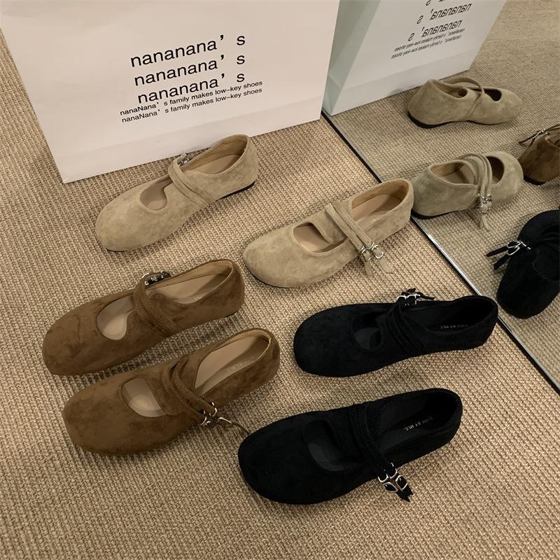 Vintage Matte Piboken Shoes Women's Thick-soled Round-head Mary Jane Shoes Ballet Single Shoes Shallow-mouth Low-top Flat-soled Grandma Shoes