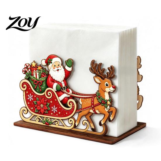 Decorative Wooden Napkin Stand Christmas Tissue Holder, Dispenser with Santa Gingerbread House Elk Rack Pattern, Organizer for Dining Table