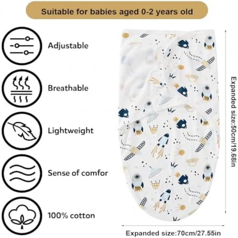 Baby Swaddle Blanket Set, 1 Swaddle Blanket & 1 Hat, Adjustable Newborn Swaddle Wrap, Anti-Startle Sleep Sack, Suitable for Boys & Girls