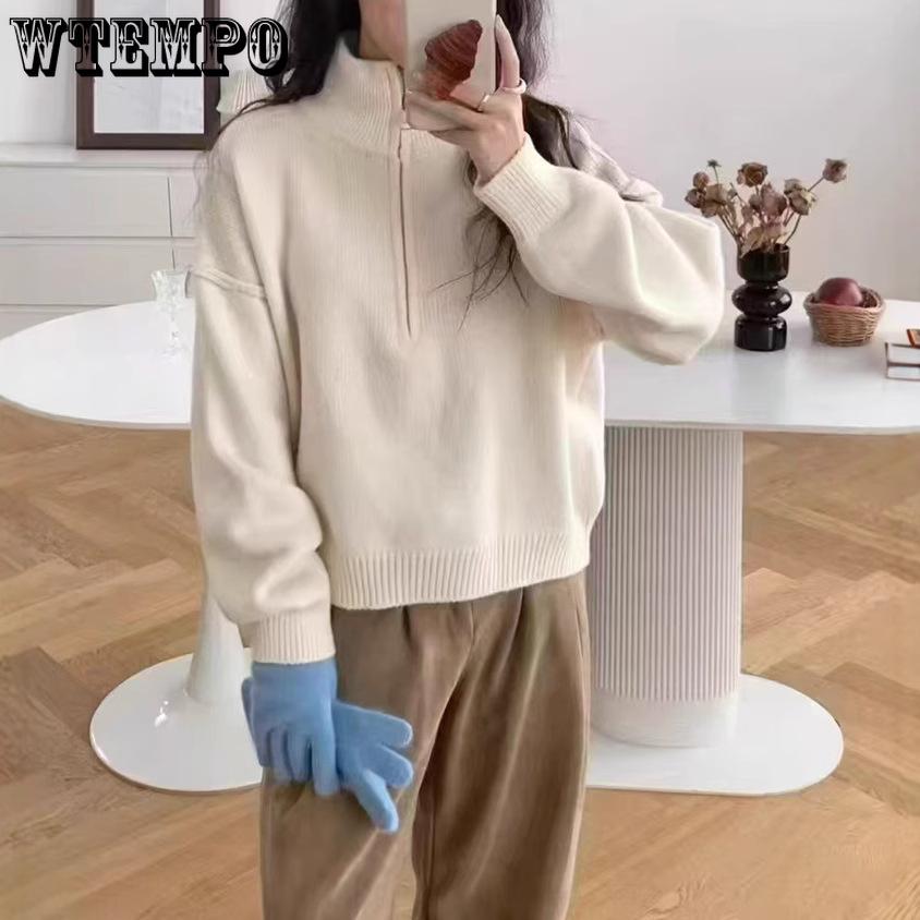Autumn and Winter Half Zipper Stand Up Collar Knitted Sweater for Women Coat Top Women