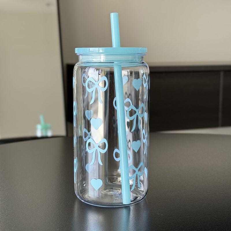 Kawaii Water Bottle Aesthetic Tumbler For Ice Coffee Juice Tea Cute Bowknot Plastic Cups With Straw Lid Portable Drinking Bottle