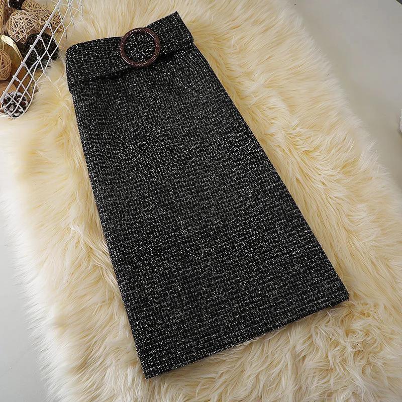 Winter Fashion Korean Edition High Waist Shiny Silk Small Fragrant Fur Temperament Mid Length A-line Split Skirt