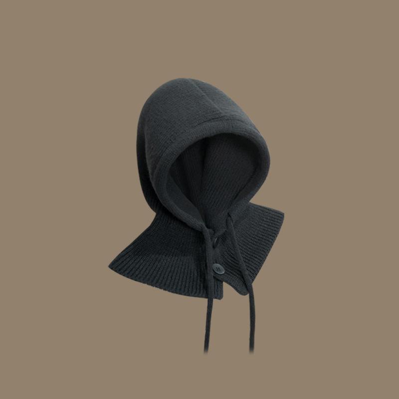 Style Hat Versatile Solid Color Warm Cover With Drawstring Hatscaps Knitted