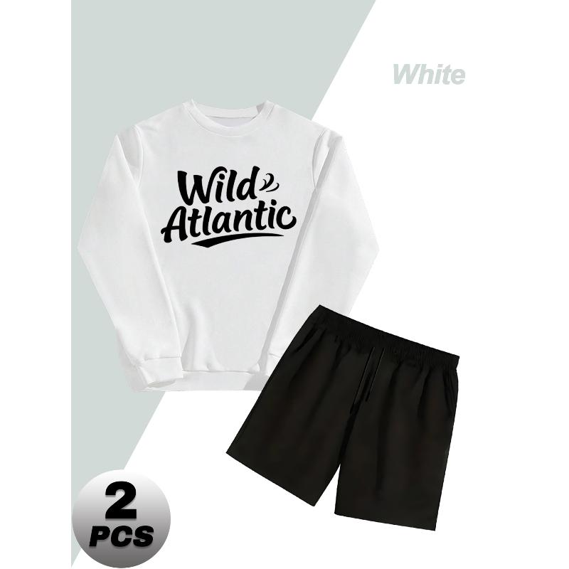 Polyester Men s 2 Piece Casual Outfit Crew Neck Pullover Sweatshirt and Drawstring Shorts Versatile XXL белый