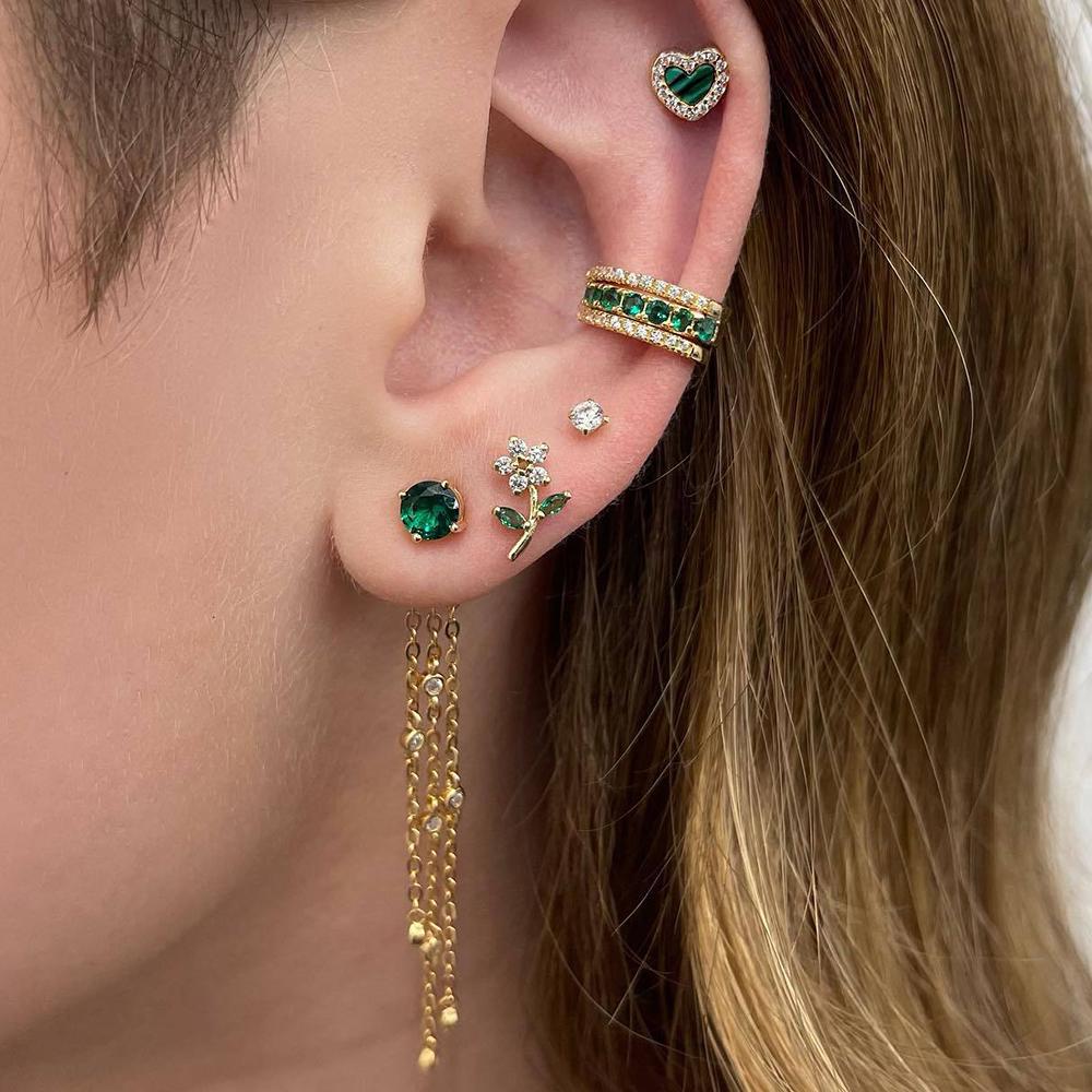 Exquisite Green Zircon Tassel Chain Stainless Steel Hoop Earrings 18K Gold Plated Heart Flower Piercing Earrings Fashion Jewelry