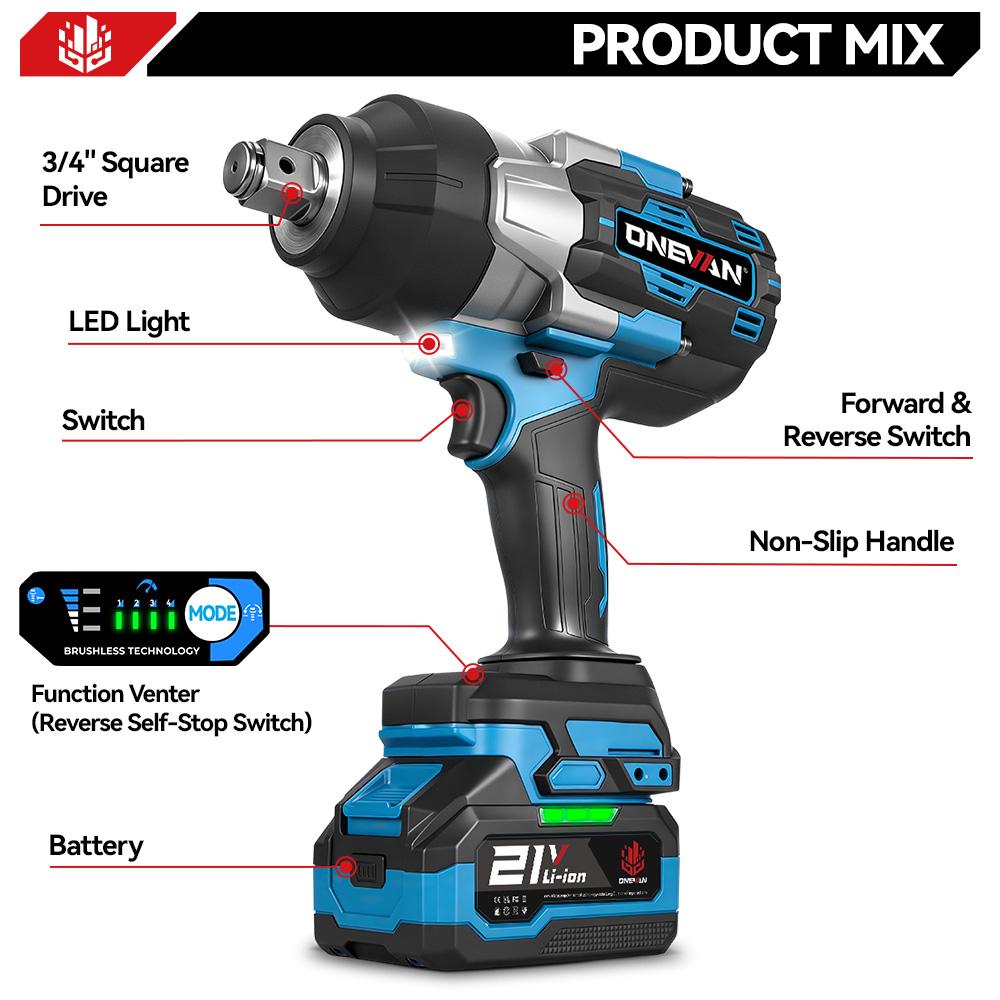 ONEVAN Torque Brushless Electric Impact Wrench 3/4 Inch 8 Gears Cordless Wrench Power Tools For Makita 18V Battery