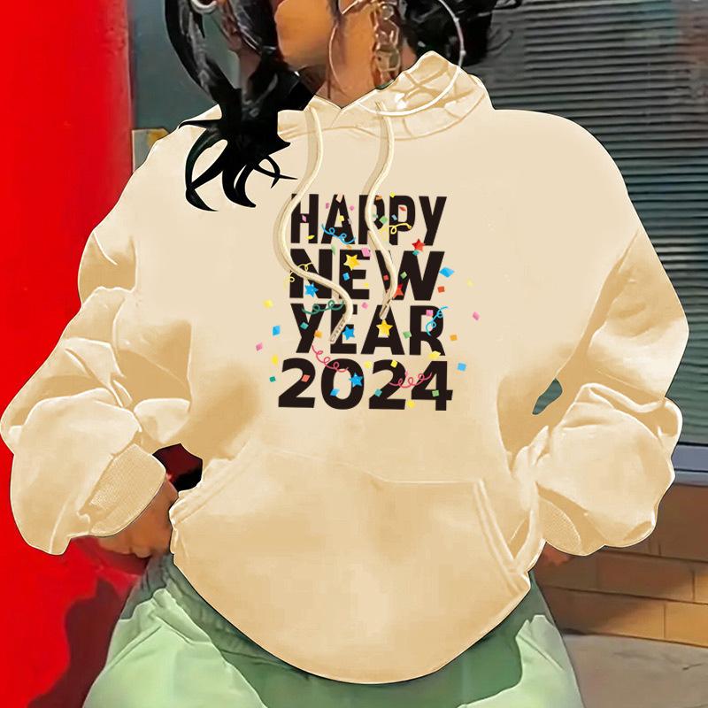 Herbst und Winter Frohes Neues Jahr Bedruckter Schulterärmel Fleece Kapuzenpullover Damen