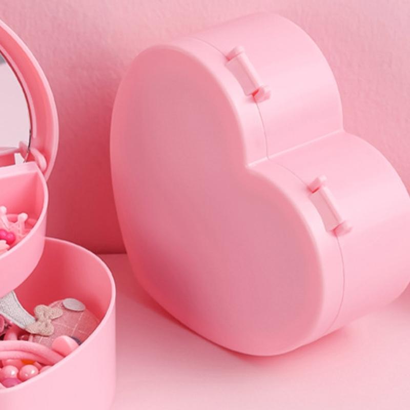 Jewelry Organizer Heart Shape Makeup Box with Mirror Cosmetic Storage Container for Earrings Rings Necklaces Display
