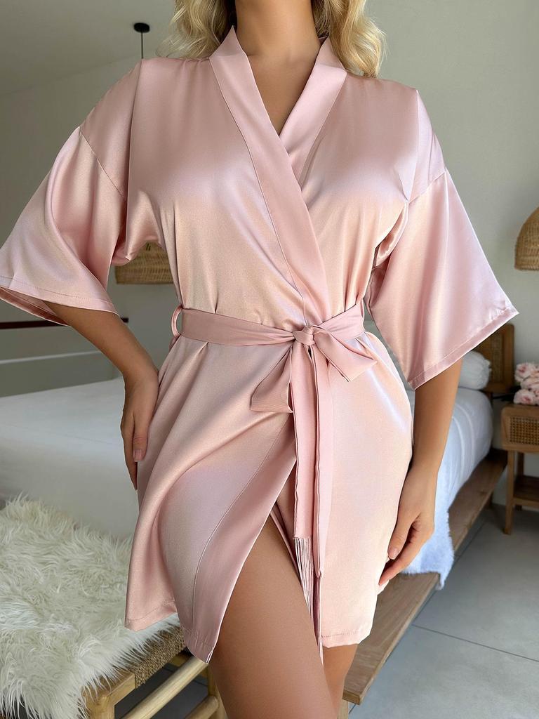 European & American Women's Mid-Sleeve Sexy Short Tassel Bathrobe Pajamas