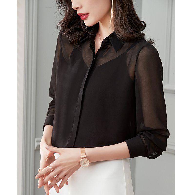 Letní móda Černá šifonová košile Dámská Dlouhý rukáv Průsvitná síťovina Ochrana před sluncem Sexy top