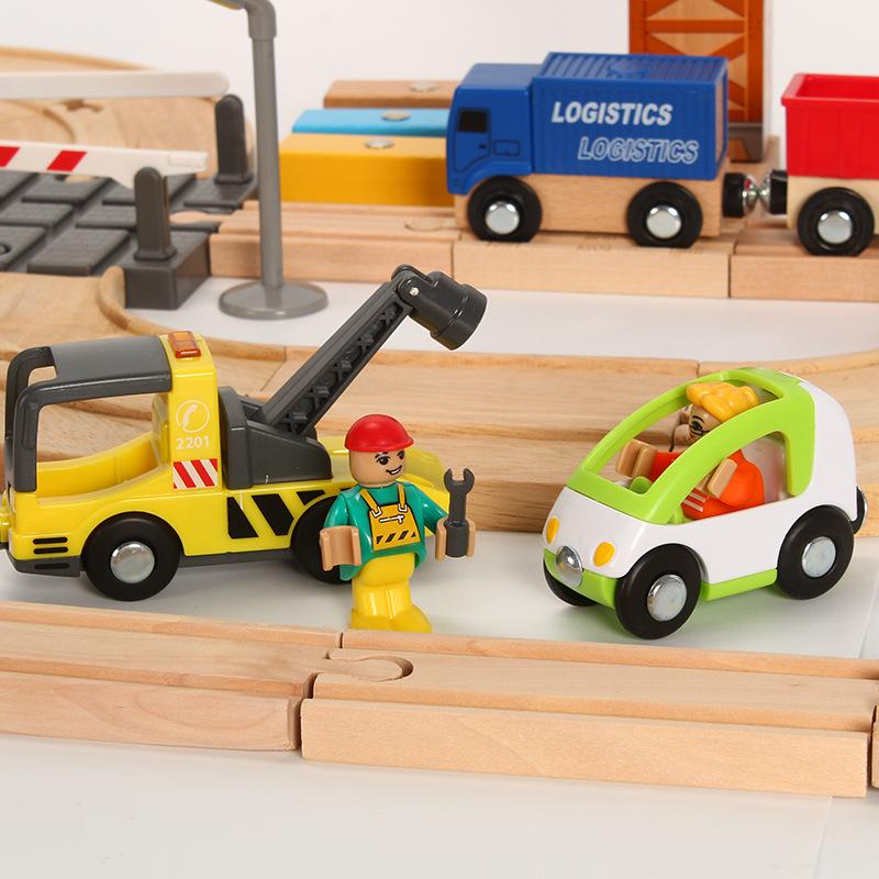 Wooden Train Track Set with Crane Works Rescue Educational Assemble Toys for Boys Girls Compatible with Wooden Rail Pd49