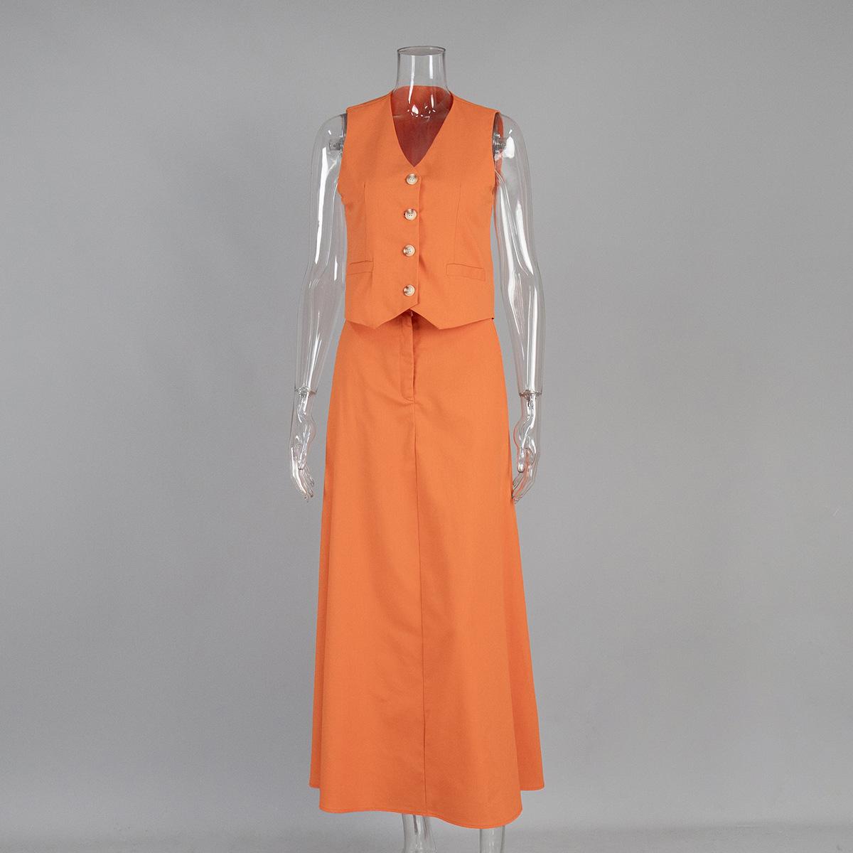 

Однотонный комплект из двух предметов для женщин 2025 года, модный топ без рукавов с V-образным вырезом и высокой талией, темпераментные юбки, элегантные комплекты из двух предметов для женщин L оранжевый