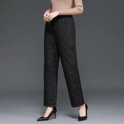 Women's Warm Navy Blue Diamond Quilted Straight Leg Padded Pants