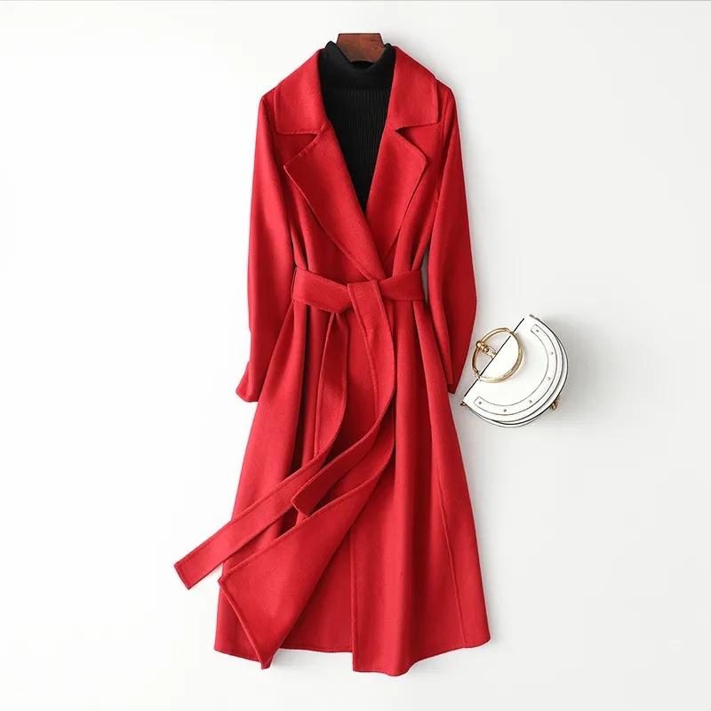 Women's Long Woolen Coat with Knee-length Lace-up, Slimming Woolen Coat for Women, Thickened