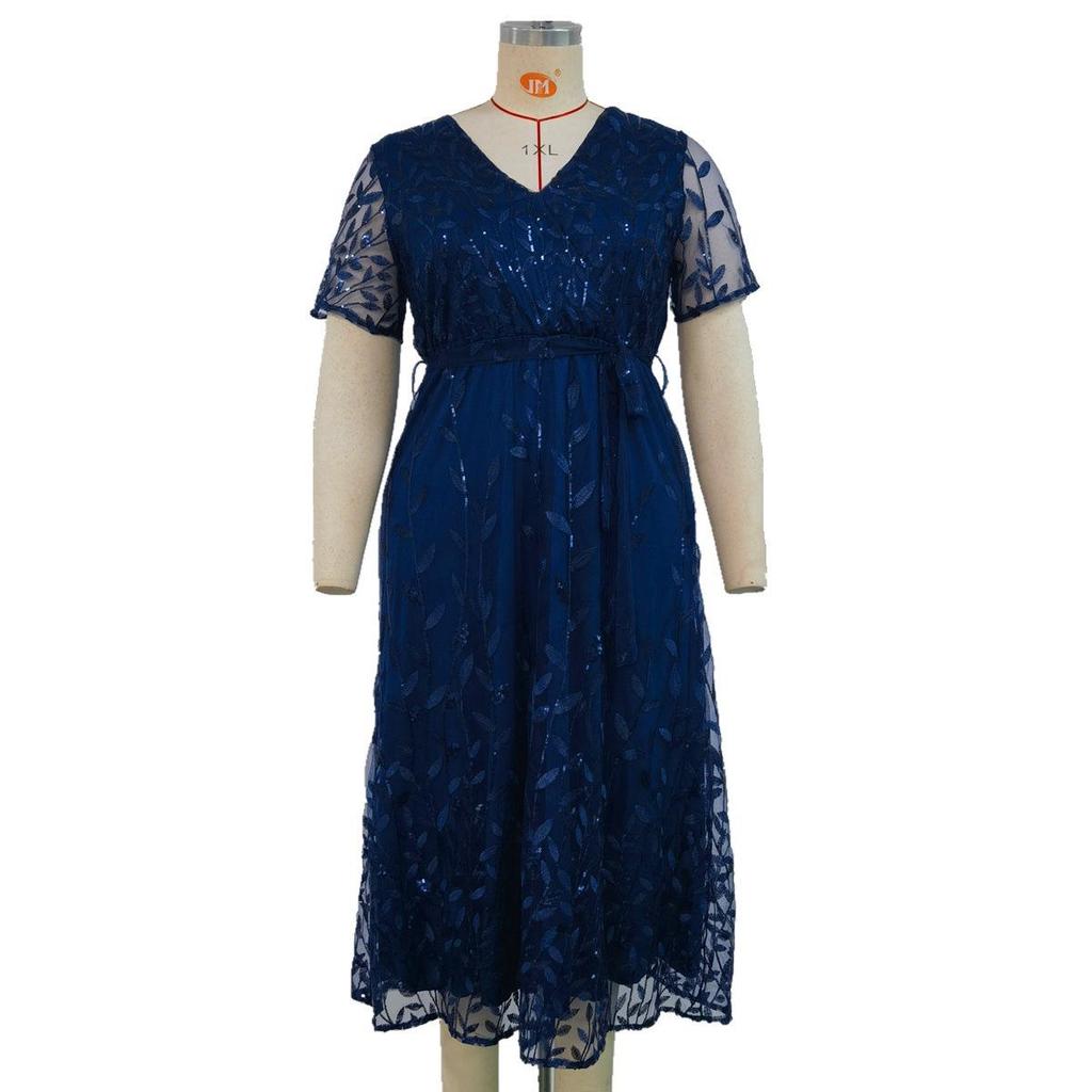 2026 Plus Size V-neck Short Sleeve Sequin Embroidery Bridesmaid Banquet Dress for Spring/Summer (European/American Style)