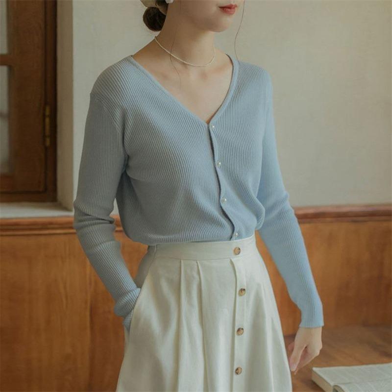 Vintage V-neck knitted cardigan summer top gentle wind short green milk wear sweater jacket women