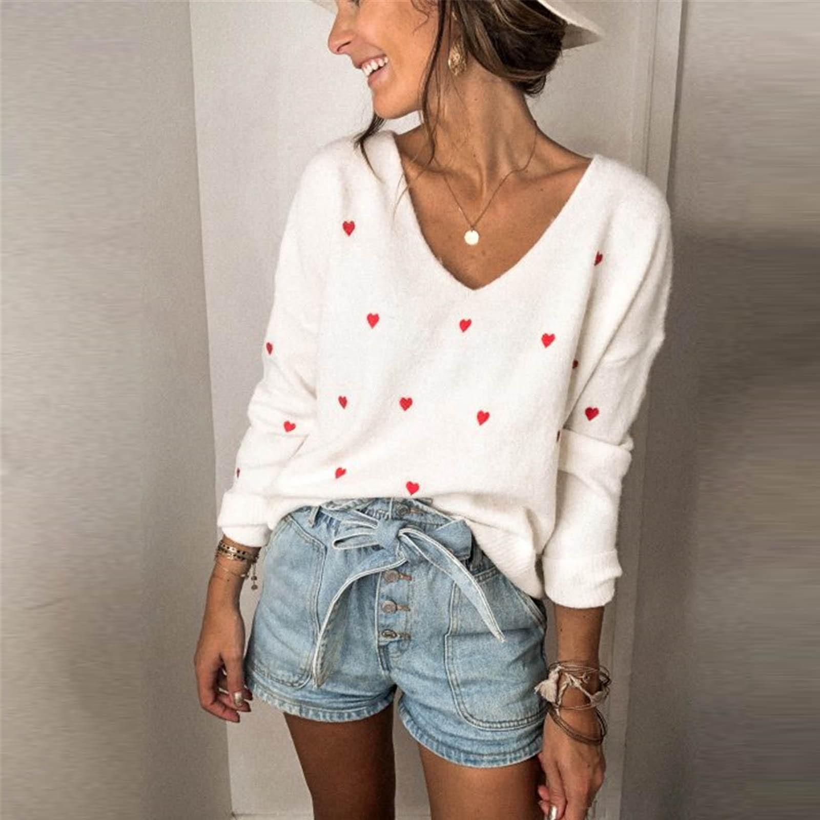 

Women s Fashion Love Print V-neck Large Loose Knit Sweater Pullover Sweater