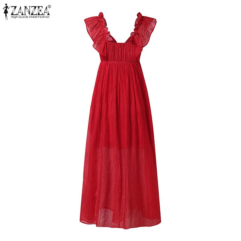 ZANZEA Summer Women Ruffled Sleeveless V Neck Layers Casual Holiday Pleated Dress Sundress