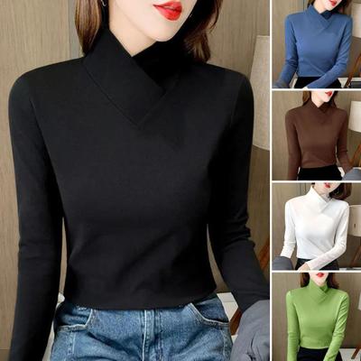 Women Bottoming Tops Half High Collar Long Sleeve Slim Fit Soft Stretchy Pullover Tops Solid Color Shirt with Unique Neckline