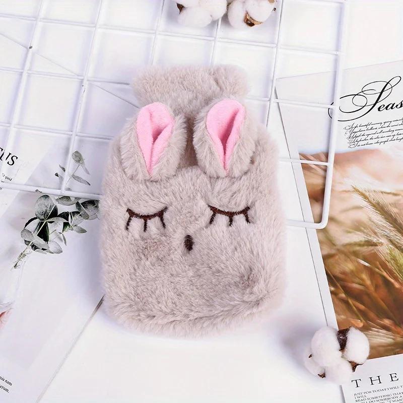 

1Pc Winter Warmer Bag Rabbit Hot Water Bottle PVC Stress Pain Relief Therapy Hot Water Bag with Knitted Soft Cover Hand Warmer бежевый