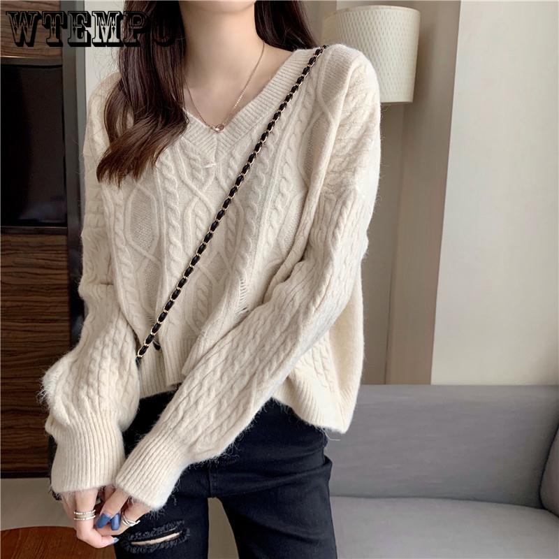 WTEMPO V-neck Cropped Pullover Sweater Women Simple Twist Sweaters For Women Solid Color Basic Long Sleeve Autumn Clothes