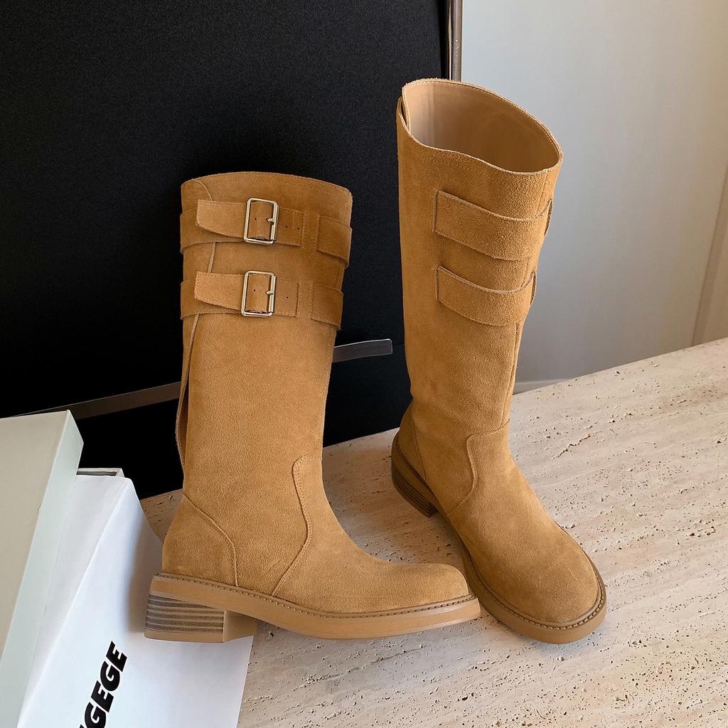 European and American Fashion Simple Cow Flip Knight Boots 2025 Autumn and Winter New Round Head Thick Heel Belt Buckle But Knee Boots