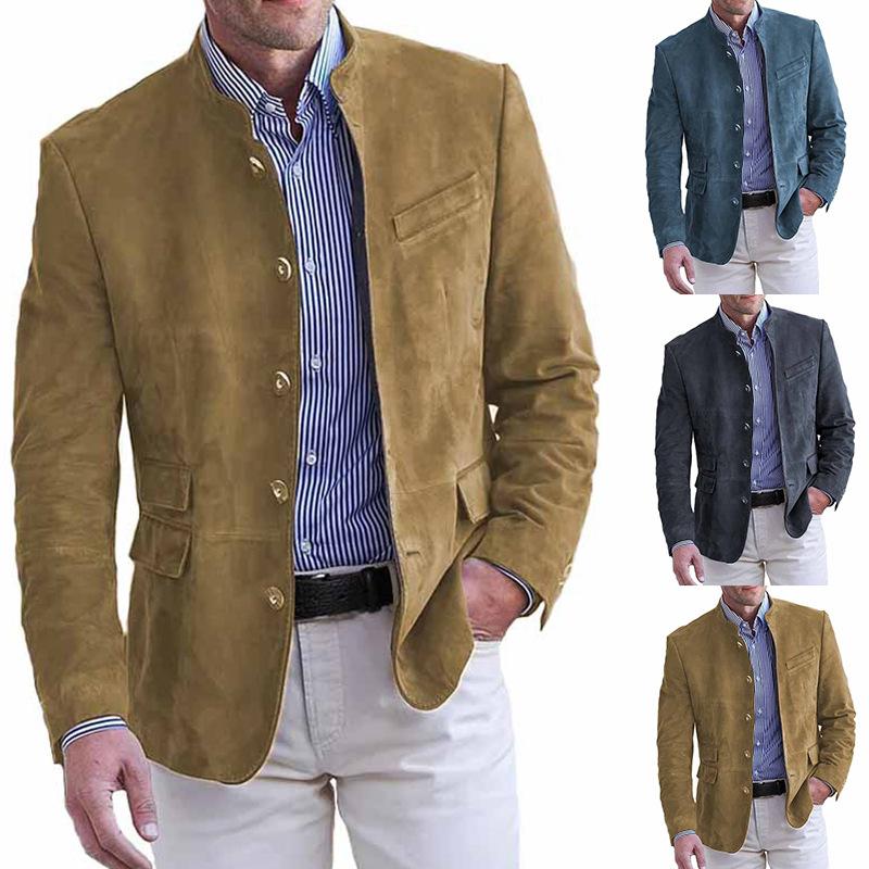 Herbst und Winter Herrenmode Casual Anzugjacke Langarm Stehkragen Einreihig Einfarbig Anzug