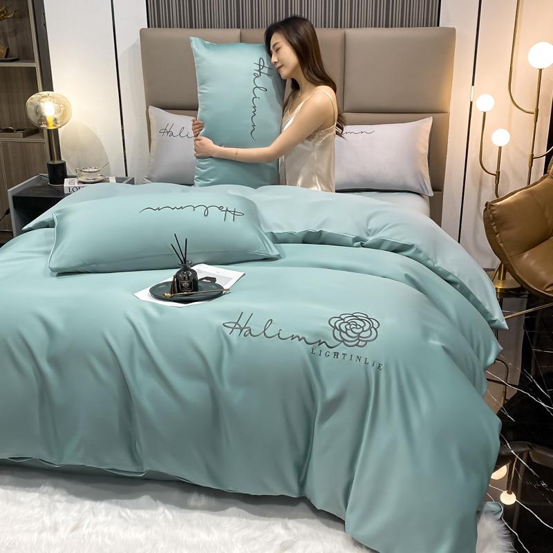 Nordic Style Pure Cotton Washed Cotton Washed Silk Four-piece Set Solid Color Embroidered Bed Sheet Quilt Cover Three-piece Set Dormitory Bed Sheet