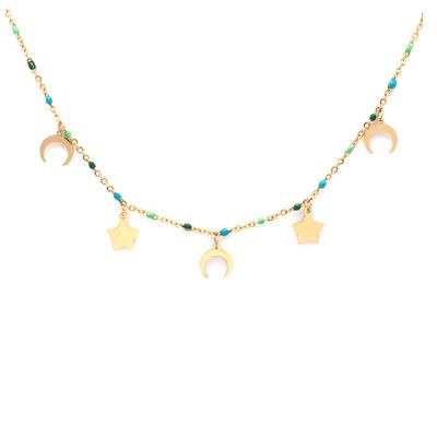 [Q2577] - Designer Steel Necklace 'Boho' Green Turquoise Gold - 8 Mm