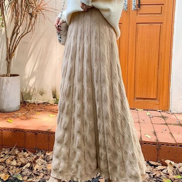 

Утолщенная юбка миди Новая плиссированная Осенне-зимняя Популярная плиссированная юбка средней длины с завышенной талией, стройнящая Вязаная длинная юбка One Size хаки