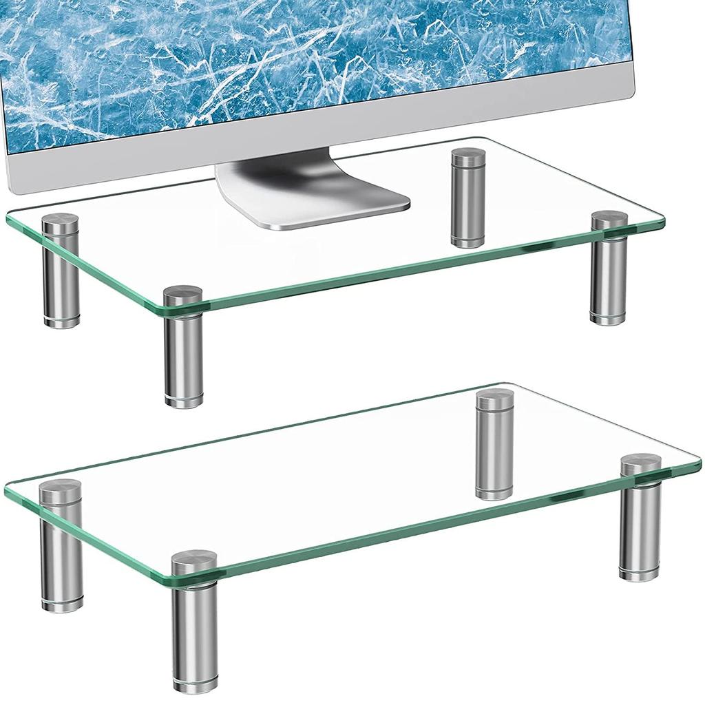 SKRYARD Monitor Desk Height 40cm 20kg Weight Keyboard Clear Tempered Set of 2 Stand, Stand, Adjustable, Wide, Capacity, Storage, Stable, Glass,