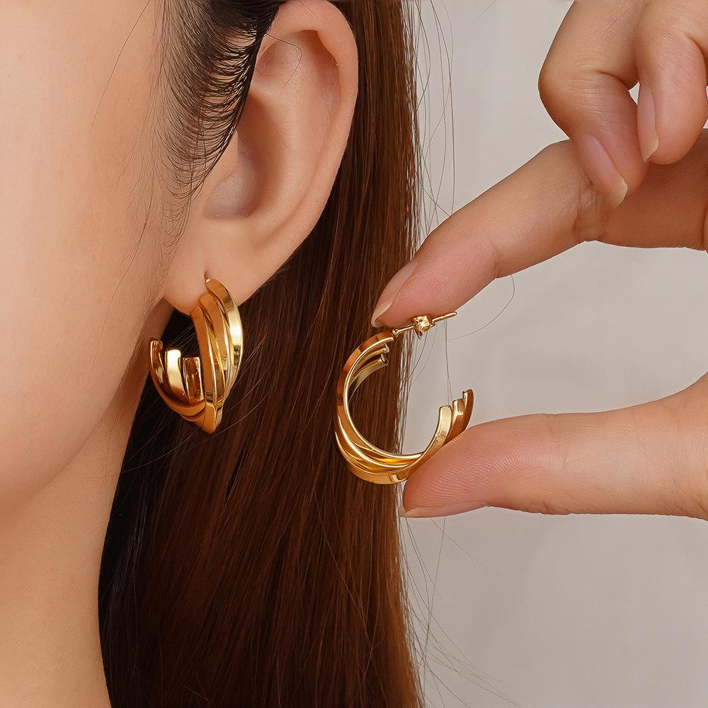 IMI Minimalist Geometric Titanium Steel Earrings: European & American Style Double Layer Crescent Moon Earrings for Women (YE299)