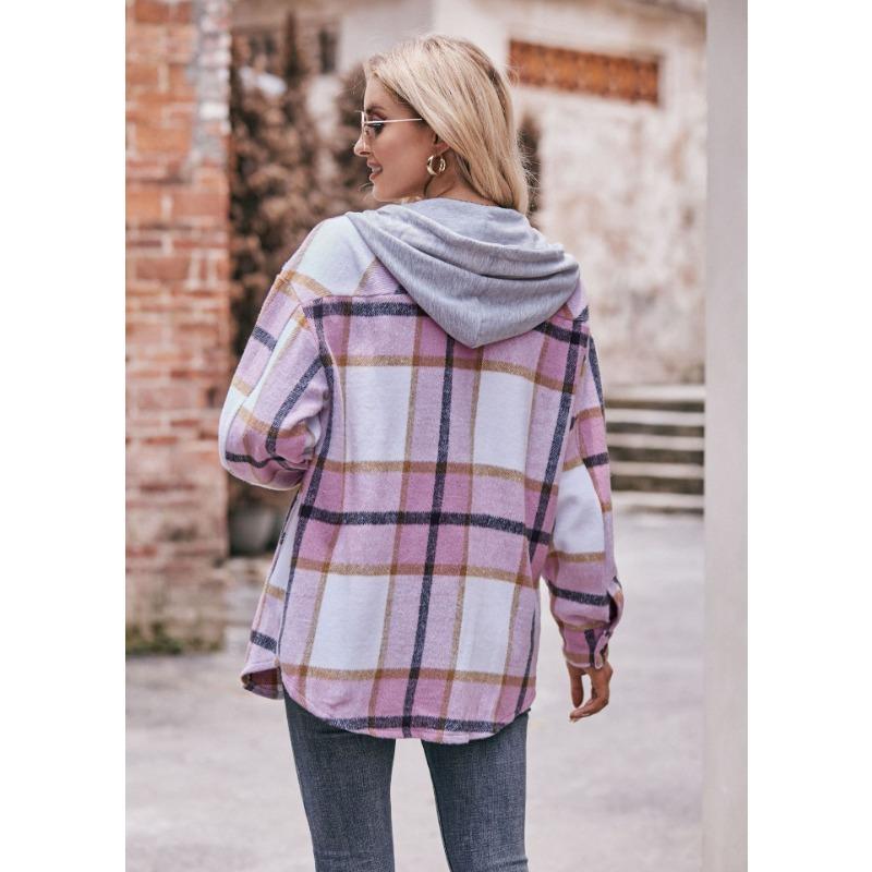 Autumn Winter Women Shirt Long Sleeve Blouse Hooded Jacket Casual Plaid Midi Shirt