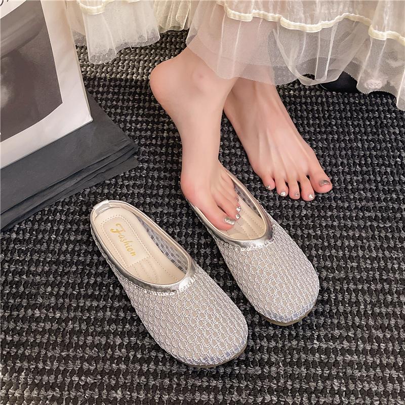 Mesh Half Slippers Women's Summer Wear In 2025 Baotou Hollow Flat Shoes Cover Feet Women's Casual Slippers