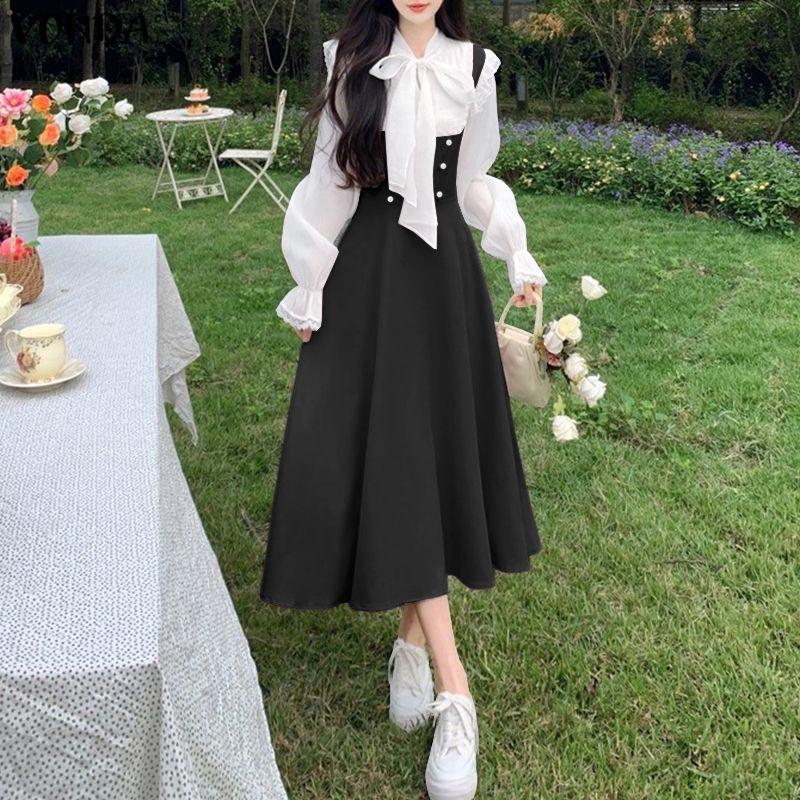 VONDA Elegant Women Long Sleeve Ruffled Bow Knot Patchwork Office Midi Dress
