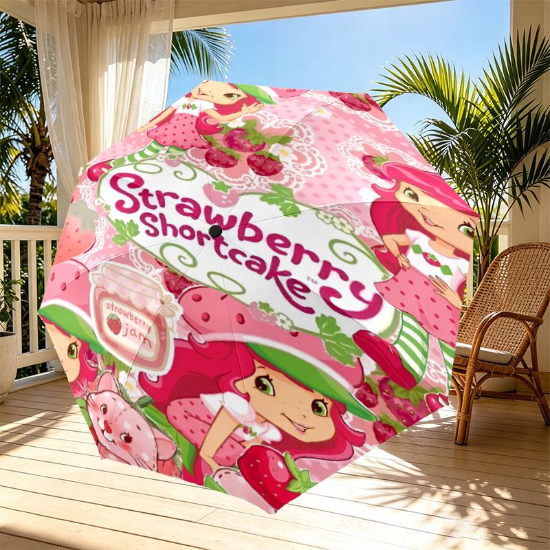 Strawberry Shortcake Print Automatic Open Close Umbrella, Portable Foldable Umbrella, for Outdoor Commute Camping Trip, Ideal Birthday Gift