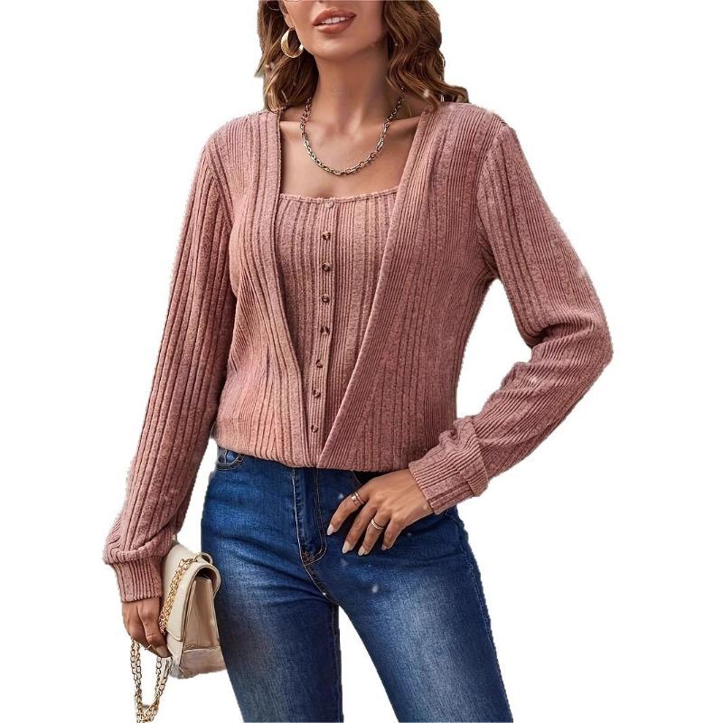 Women S Long Sleeve Square Neck T Shirt Casual Button Solid Color Knit Top